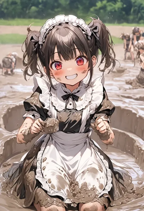 ５Year old,  Maid Outfit, 白と黒の Maid Outfit, cute,  muddy, Sandbox, dirty,  dirty, Playing in the mud,  Energetic , fun,  best smile,  muddyの服, Muddy , Muddy dripping, Mud adhering , best smudge,  muddy skirt , 