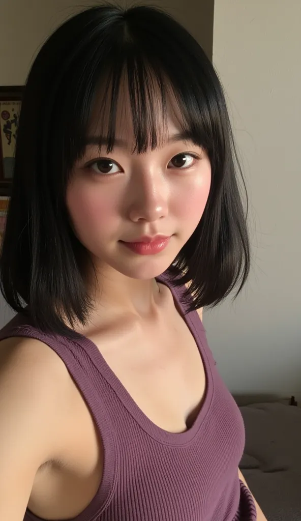  teenagers, 1 girl, Selfie, from side,  photography style , Korean, Idol, thin , slanted eyes,  big eyes, Full bangs on the right side ,  youthful appearance ,  light black hair  , details eyes, student ,  Iris , smiling,  smile,  youthful appearance , sta...