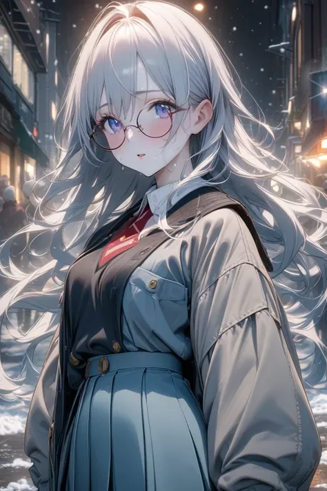  anime風美少女イラスト、 pretty face、clothing、Winter outfit、looking up at the first snow
, 8k,  high quality,  super resolution, Shiny sweat,   flowing hair,  semi-long hairstyle,  white skin, super beautiful, background,  beautiful body line  , high resolution,  c...