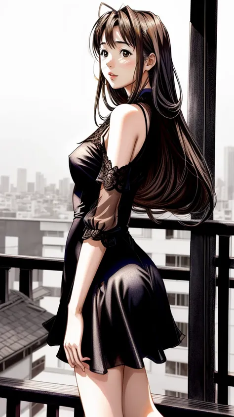 Naru Narusegawa in a black dress posing on a balcony,  tight dress ,  sexy dress, tight dress, using a tight black dress,  tight clothing , tight outfit, lace dress,  21 years old, short mini dress, young female,  big jacket,  thick legs, detailed backgrou...