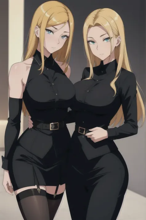 ((((Two friendly girls))))（tmasterpiece，A high resolution，最佳品質：1.2），8k，highly  detailed，complex，rich colourful，vibrant image，Clear focus，cinematic ligh） blonde hair，long white hair，Green eyes，body builder （Wear black business attire，black_Collared shirt cr...