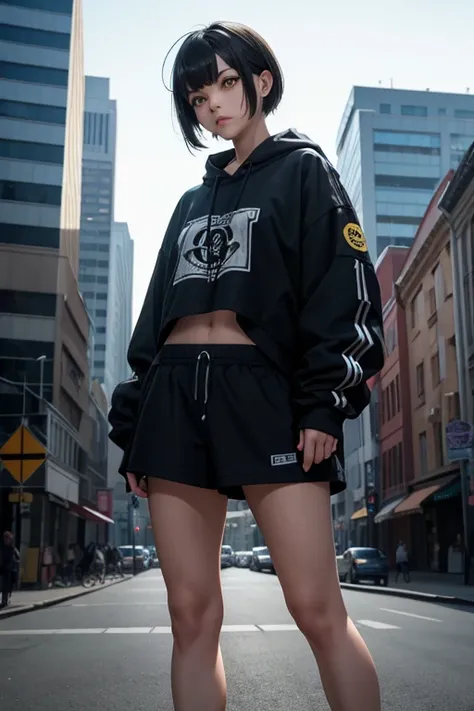  high resolution,   boyish ,    1 girl,  black hair, Sporty shortcuts,   asymmetrical hairstyle  ,  Asymmetrical bangs,   yellow eyes,  There are three circles in the middle of the eye,  Skater Style Street Fashion, slightly oversized bottoms,  standing,  ...