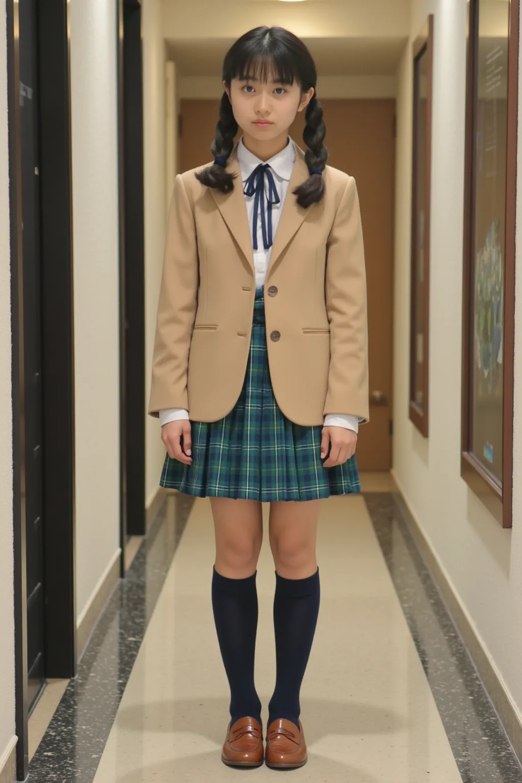 camel colored blazer 、white shirt 、 blue ribbon tie、 blue and green plaid pleated skirt、 dark blue socks、Wore brown loafers、A beautiful Japanese high school girl、 Standing in a Hotel Hallway ,braided twin tails