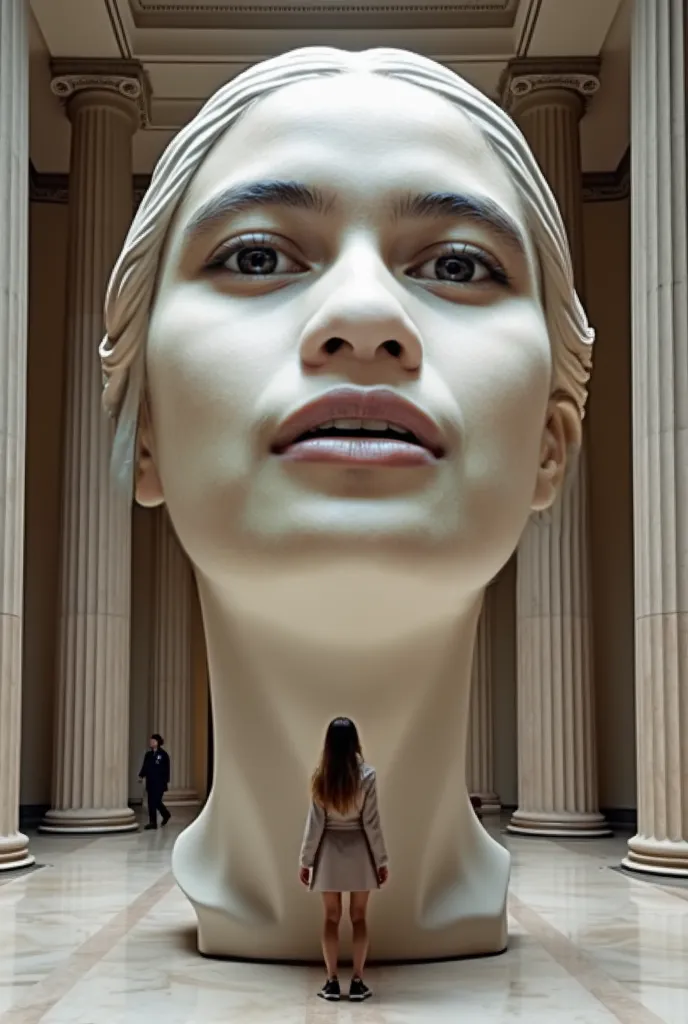 ((( disembodied head statue ))) giant statue of a woman's head is on display at the museum, look up front view