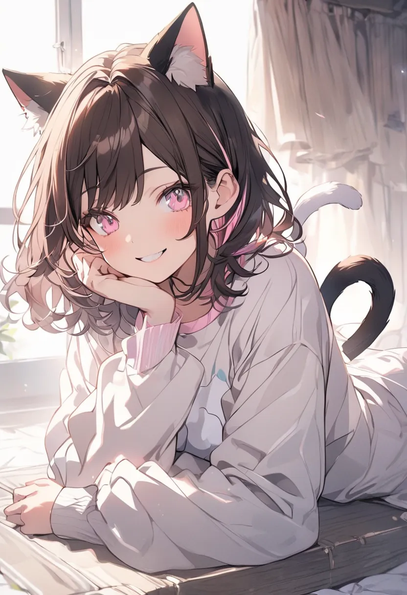 Alone，medium hair，Dark brown hair， tip pink highlight，woman， Light Pink Eyes ，smile, Long Sleeve,Cat ears， cat's tail，morning， White Trainers 