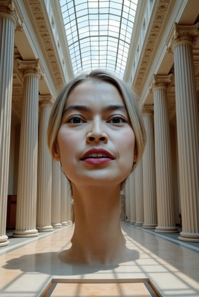 ((( disembodied head statue ))) giant statue of a woman's head is on display at the museum, look up front view