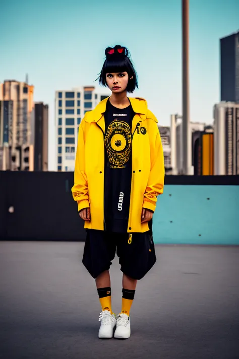  high resolution,   boyish ,    1 girl,  black hair, Sporty shortcuts,   asymmetrical hairstyle  ,  Asymmetrical bangs,   yellow eyes,  There are three circles in the middle of the eye,  Skater Style Street Fashion, slightly oversized bottoms,  standing,  ...