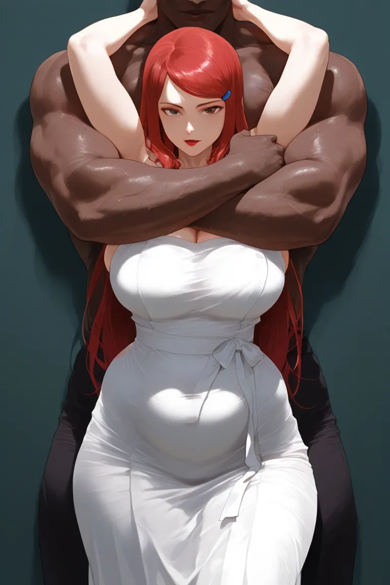 mixed_artstyle, 1 girl, kushina uzumaki,  chubby  , Alone, hands, Asian,  long red hair ,  realistic, textures, 8K, perfect hand, perfect anatomy, voluptuous, chubby body, Breasts, short girl, blushes deeply, lipstick , a muscular  skinny dark skin African...