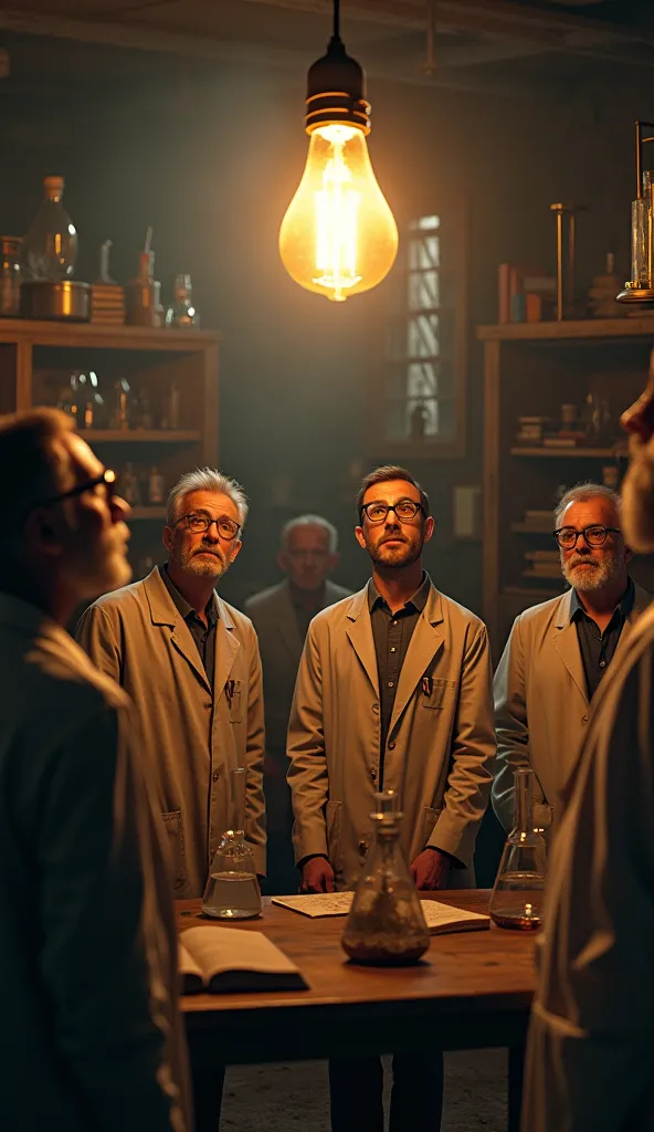 An old laboratory with a light bulb turning on for the first time, with surprised scientists watching.