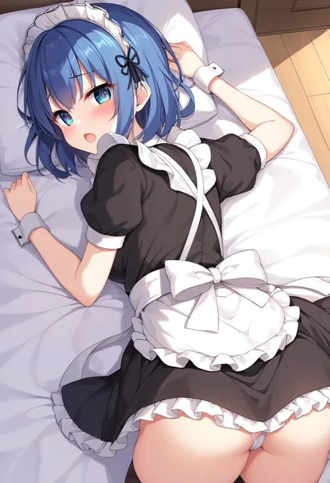  anime images、 two dimensional image、HD、pretty eyes、8k、animation、Maid、sleep on your side、lying on the bed、 Embarrassing Expression、:THEの口角、THE, open mouth