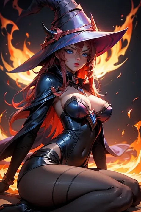 Dark magician gils between flames. Llama hair. blue eyes. red lips.  pose sensual. Hell background. SHE&#39;s on fire and she&#39;s coming for you.  pose sensual.  nude 