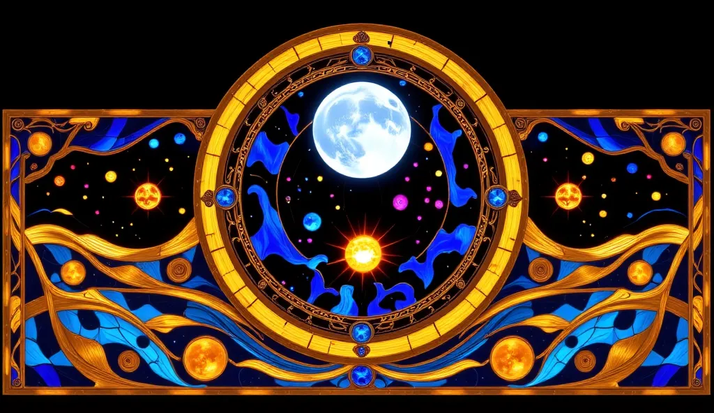 horizontal blue gold space moon and sun stained glass broad banner background black background color no humans