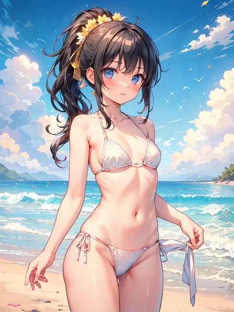   Cute high school student,  white bikini、1 girl, solo, high resolution,  long hair,  blushes, ponytail, masterpiece, accurate,  beach、small breasts、 black hair、cowboy shot with gold decoration on his head, 