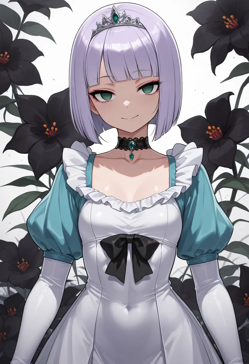 floral background, corruption, empty eyes, half-closed eyes, evil smile, no pupils, crazy smile, 1girl, mejiro mcqueen, solo, ultra-detailed,(best quality),((masterpiece)),(highres), neutral, expressionless, standing, looking at viewer, (((blunt cut, bob, ...