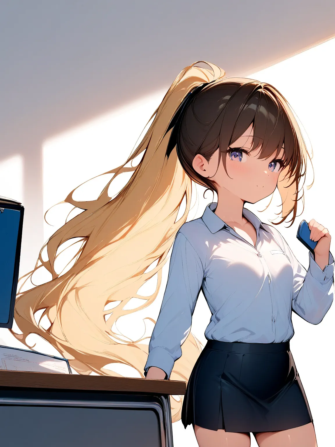 (masterpiece),high quality,1girl,blonde hair,very long hair,very (wavy hair), hairstyle with volume,ponytail,toddler,small breasts,school, business shirt, black mini tight skirt,business suit, teacher, lectern