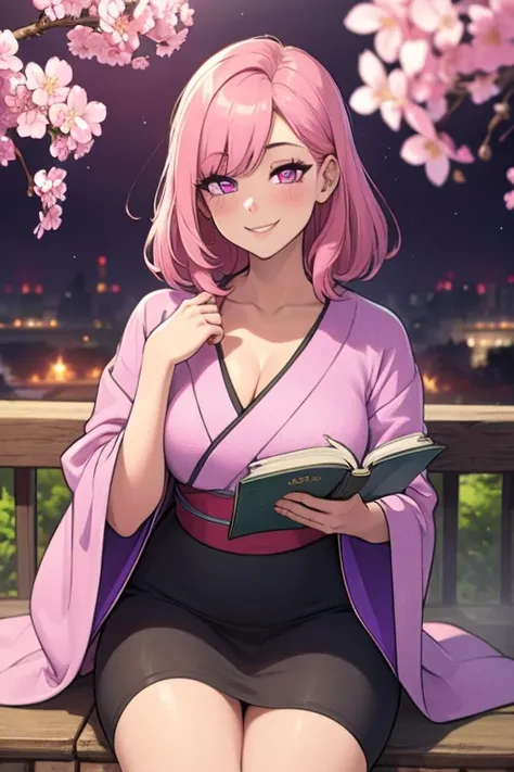 Perfect face. Perfect hands. A pink haired woman with violet eyes with an hourglass figure in a sexy kimono is reading a book underneath a cherry blossom with a big smile