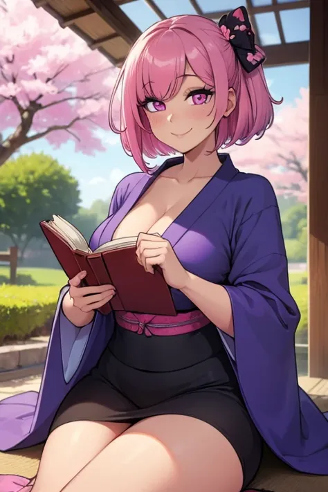 Perfect face. Perfect hands. A pink haired woman with violet eyes with an hourglass figure in a sexy kimono is reading a book underneath a cherry blossom with a big smile