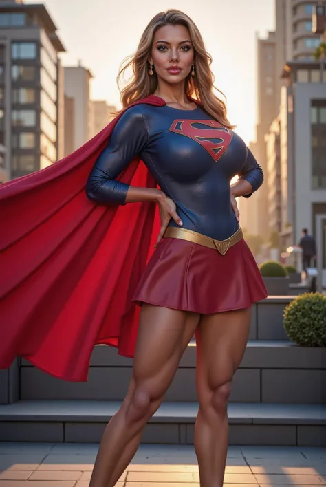 Full body portrait of A 28 years blond  woman  AS SUPERGIRL WEARING A SEXY SUPERMAN SUIT AND CAPE, IN A city, from a distance 