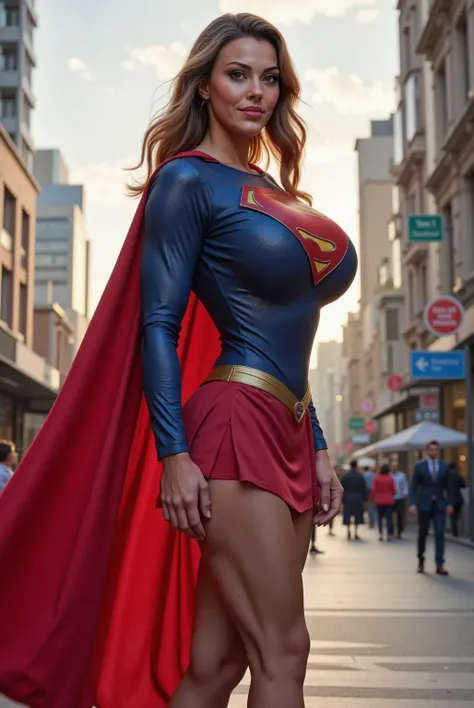Full body portrait of A 28 years blond  woman  AS SUPERGIRL WEARING A SEXY SUPERMAN SUIT AND CAPE, IN A city, from a distance 