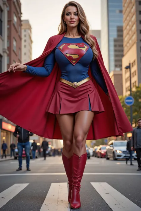 Full body portrait of A 28 years blond  woman  AS SUPERGIRL WEARING A SEXY SUPERMAN SUIT AND CAPE, IN A city, from a distance 