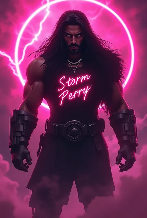 warrior ,  big black hair, brave face , with necklace written STORM Perry in neon pink , Neon pink storm background 