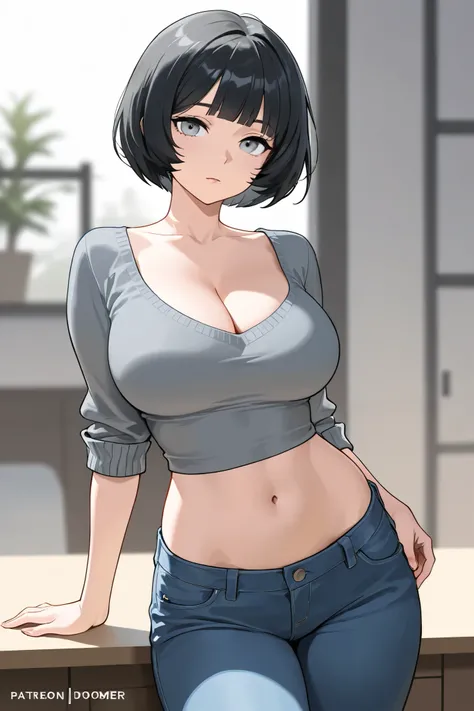 Mature female, cleavage, short hair, black hair, bob cut, crop top, sweater, blue jeans, navel, midriff, grey eyes, doomer girl, rolled up sleeves, highly detailed, best quality