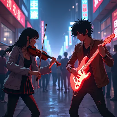 "A cinematic 8K anime-style mid-shot captures a street musician duel between the violinist and a funk rock guitarist with a glowing electric guitar. The violin sings with silky, expressive legatos, while the guitarist answers with sharp, funky riffs. The s...