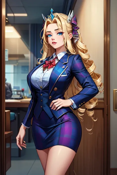 (masterpiece, best quality, absurdres, 4k, aesthetic, detailed, intricate),1girl,nikkecrwn,tiara, hair ribbon, long blonde drill hair, drill locks,  skirt suit, (((three piece suit))), blue plaid suit, gravata, vest, bodycon skirt, short, shortstack
