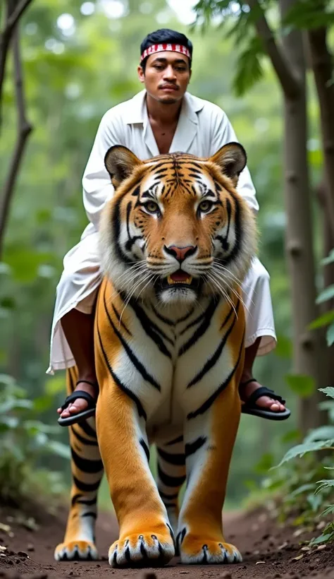 An Indonesian man, 50 years old, square face, clean face no mustache no beard, black hair, wearing a batik slayer headband, wearing a long white robe, wearing flip-flops, is riding a giant tiger in the forest, a very large tiger, front view, facial details...