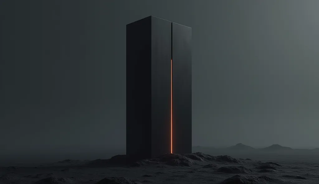 A wide matte black monolith, standing alone in a minimalist landscape, with a single glowing circuit trace running down it's surface, circuit monolith