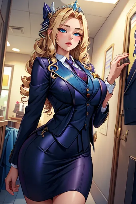 (masterpiece, best quality, absurdres, 4k, aesthetic, detailed, intricate),1girl,nikkecrwn,tiara, hair ribbon, long blonde drill hair, drill locks,  skirt suit, (((three-piece suit))), necktie, blazer, (((suit jacket))), (((waistcoat))), double-breasted wa...