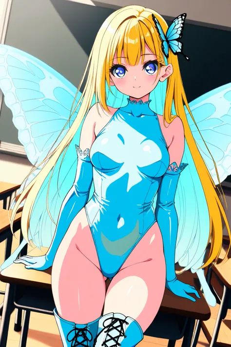 reia_kosu,1 female,solo,
blonde hair,twin tale,shiny hair,colored inner hair,part bang,
blue eyes,big eyes,slant eyes,long eyelashes,
pretty,midium breast,looking at viewer,
dutch angle,cowboy shot,

fairy（1.3）,light blue latex leotard,
big butterfly wings...