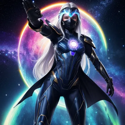 PhotoRealistic, costume, superhero costume, live action, realistic, highly detailed, Sharp focus, extremely detailed, knee high Boots, gauntlets,  Ghostforce armor with black highlights.  has a cosmic full-cover covering her entire head and face mask, her ...