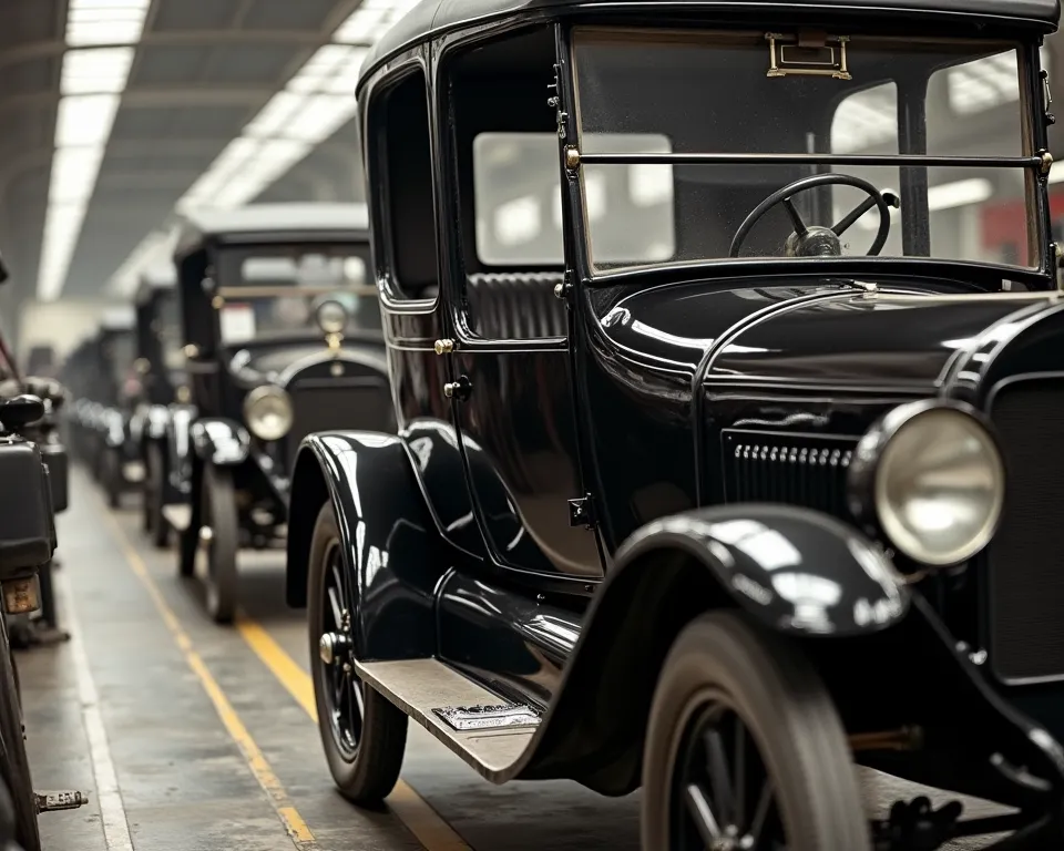 Ford Assembly Line, mass production of the parts of the Ford model T car,  the doors , The seats, The mud guard, in chain manufacturing, which consists only of manufacturing conventional products in large quantities, the Model T was specifically designed t...