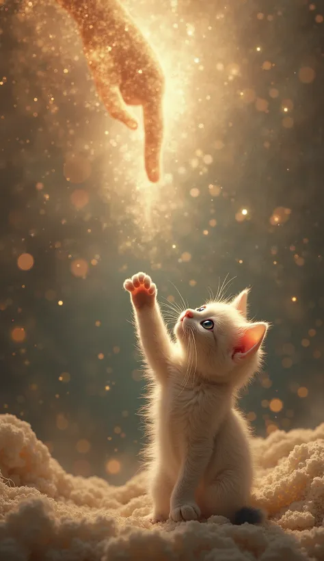 Here's the kitten in a scene inspired by "creation of adam", stretching its paw to touch God's finger.  If you want adjustments , just say it!

