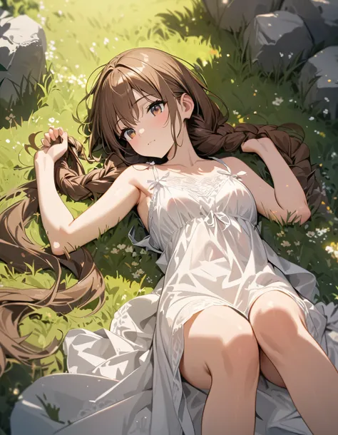 A scene from above, a girl lying in the grass and meditating, a beautiful clear atmosphere, braiding hair, brown hair, detailed transparent white nightdress, hazel eyes, very detailed, best quality, very detailed