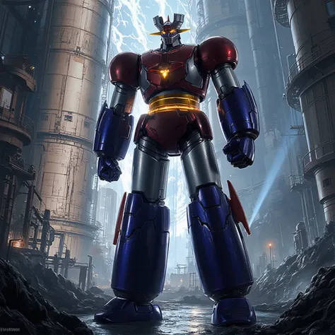 The remodeled Mazinger Z is full-body metal,  stands 100 meters high ahead .   is built with modern materials such as steel ,   Carbon Fiber  ,   Other industrial elements are also visible  ,  Just like the real thing  ,   I'm standing in front of a tall t...