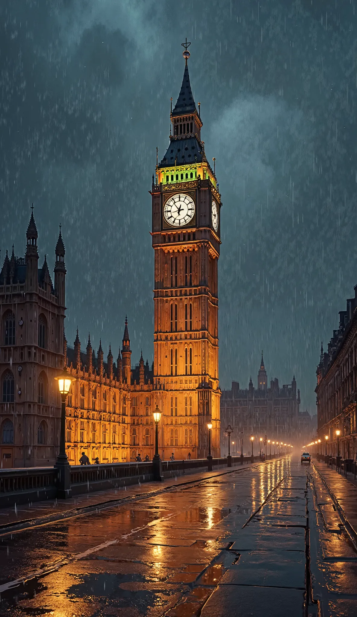 Big Ben illuminated under a fine night rain, with light reflections on the wet pavements, realistic and cinematic atmosphere