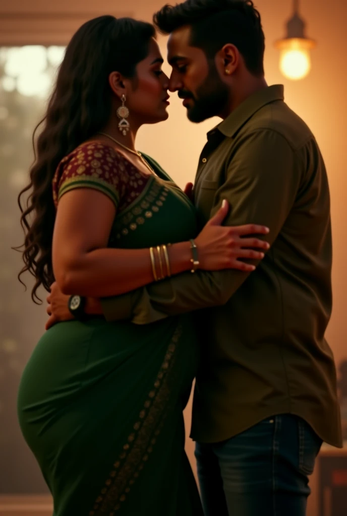 indian woman age 30 breast size 36D wearing a saree and blouse green color romance with her male partner aged 35. the partner grabs her butts which is size 40