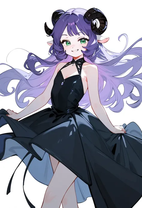 (score_9, score_8_ upwards, score_7_ upwards),  1girl, One, (sheep horns ,  curled horns , black horns:1.2), (black sheepskin ears), purple hair, long hair, hime haircut , long bangs, pale skin, green eyes, Evil smile,  smug, flat chest,  standing,  that f...