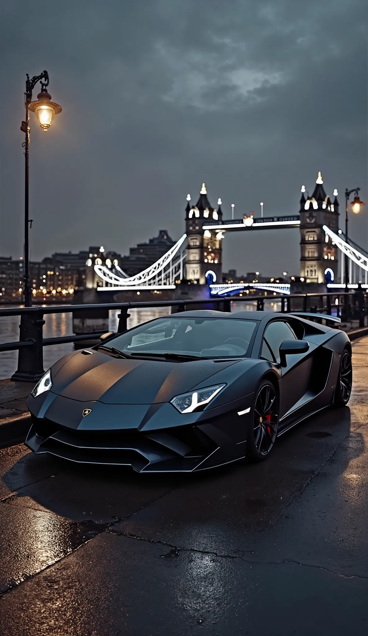 Une Lamborghini Aventador noire mate stationnée sur un pont de Londres, avec Tower Bridge illuminé derrière et un ciel nocturne légèrement brumeux