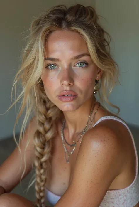 
sexy  Girl, braids, Girl, Beautiful, Beautiful face,  pale skin , Freckles,  blonde hair , water green eyes, lábios carnodos e brilhantes, Big lips,  thick lips ,  Separate lips , وردي فاتح noمع, slim thighs,   , slim,  long pink nails , Choker,  large ro...