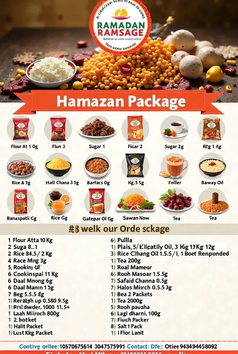 Create a poster for Ramazan Package having below details with groceries background
𝐑𝐚𝐦𝐚𝐝𝐚𝐧 𝐃𝐢𝐚𝐦𝐨𝐧𝐝 𝐏𝐚𝐜𝐤𝐚𝐠𝐞 
𝐎𝐧𝐥𝐲 𝐨𝐧 𝐑𝐬 7,999/=

𝐇𝐮𝐫𝐫𝐲 𝐮𝐩 𝐚𝐧𝐝 𝐨𝐫𝐝𝐞𝐫 𝐧𝐨𝐰.
𝐂𝐨𝐧𝐭𝐚𝐜𝐭:
Ahtesham 𝟎𝟑𝟒𝟎𝟖𝟑𝟕𝟓𝟗𝟓𝟐

Includes below Items

Flour (Atta) 10 Kg
Sugar 3 Kg
Rice 2 Kg
Cooking Oil...