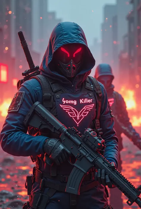 Une équipe de guerriers futuristes dans un champ de bataille apocalyptique, portant des tenues tactiques high-tech avec des détails en néon rouge et bleu. Le logo 'Young Killer' est visible sur leurs vêtements et bannières. L'ambiance est intense, avec des...