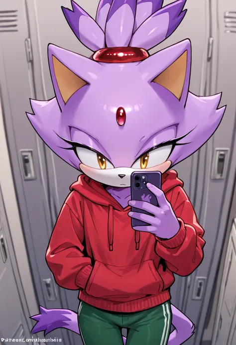 woman taking selfie in dressing room wearing red hoodie and green pants, locker, solo, phone, 1boy, male focus, locker room, cellphone, indoors, hood, hoodie ,sonic \(series\), blaze the cat, 