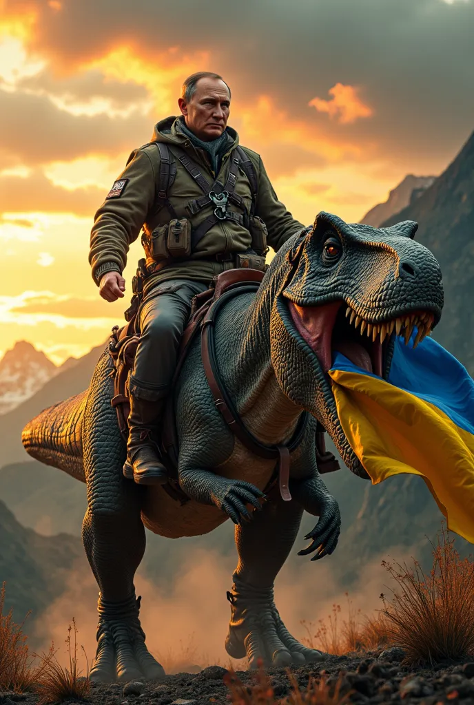 Photorealistic, ultra-detailed, with cinematic lighting and textures. Emphasize the surreal yet believable blending of a historical figure with a prehistoric creature. 8k, UHD. A highly realistic and detailed depiction of Vladimir Putin holding USA flag ri...