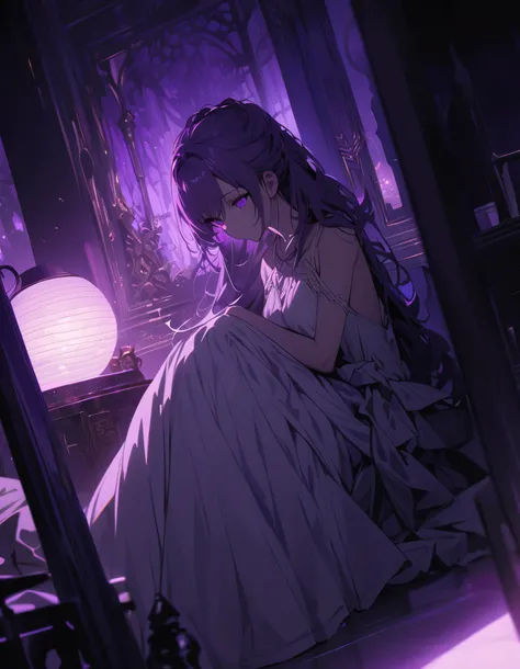 A scene from afar, a girl sitting in the middle of the room floor and looking at the room lamp that shines in a dim violet light, darkness, wrapped hair, purple hair, detailed white dress, detailed eyes, very detailed, best quality, very detailed