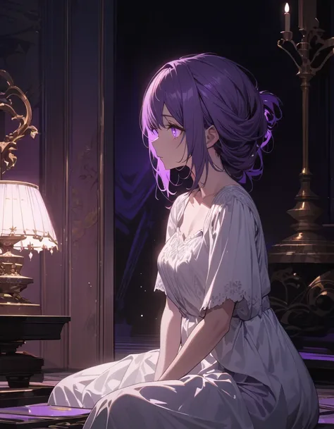 A scene from afar, a girl sitting in the middle of the room floor and looking at the room lamp that shines in a dim violet light, darkness, wrapped hair, purple hair, detailed white dress, detailed eyes, very detailed, best quality, very detailed