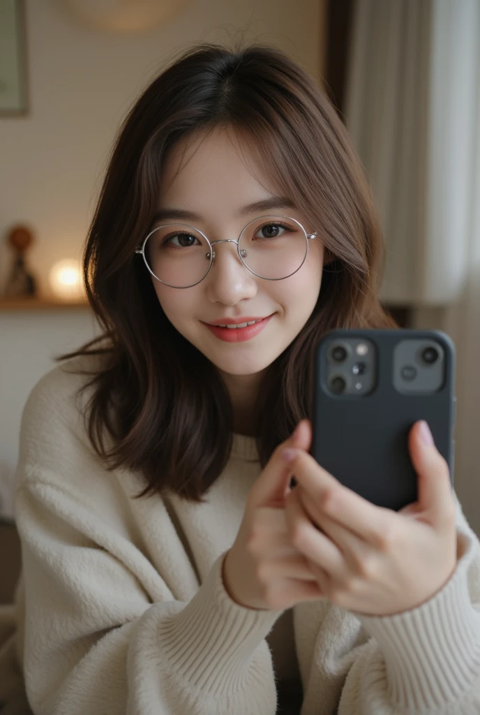 A girl with round glasses taking selfie