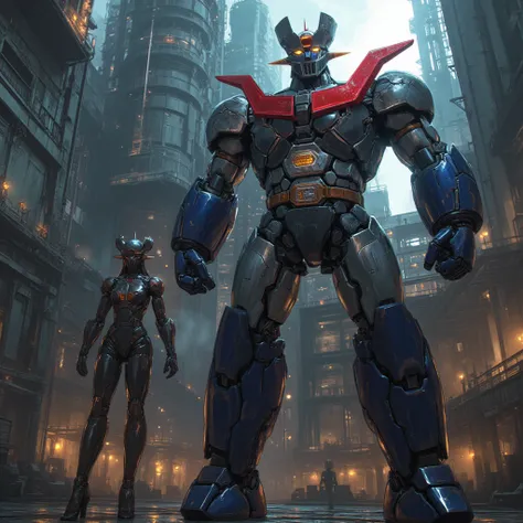  Modified Mazinger Z ,  Mazinger Z is 100 meters tall.   is built with modern materials such as steel ,   Carbon Fiber  ,   Other industrial elements are also visible  ,  Just like the real thing  ,   I'm standing in front of a tall tower where high voltag...